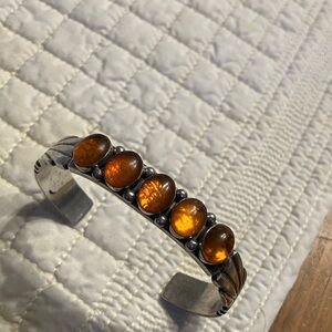 Amber Stone Silver Cuff Bracelet - Warm Cognac Amber
